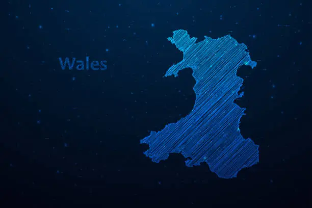 Vector illustration of Wales map hand drawn scribble sketch and Country name. Vector map in futuristic style on dark blue background. Vector illustration EPS10