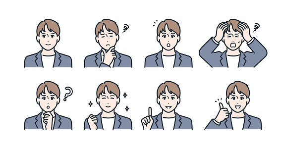 Young male facial expression icon illustration set material
