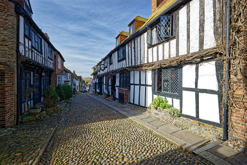 Architectural terrace of styles, Salisbury, Wiltshire, England, UK. Clear blue skies and crisp winter days outdoors typify an English February in Wiltshire where the colours of the clearly defined medieval and ancient architecture stand out as historical landmarks in the scenic countryside and beautiful town