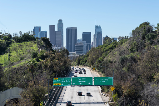 Los Angeles skyline and 110 freeway downtown arrow sign.