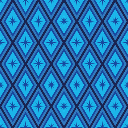 Mid Century starbursts blue and turquoise retro harlequin diamond shapes seamless pattern. For fabric, wallpaper and textile