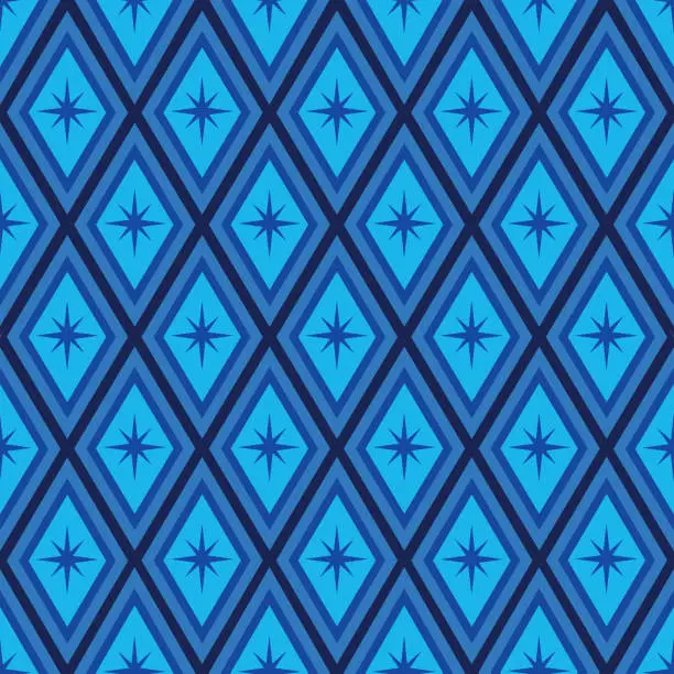 Vector illustration of Mid Century starbursts blue and turquoise retro harlequin diamond shapes seamless pattern.