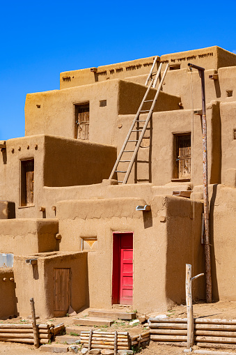 Taos, New Mexico, USA - September 15, 2023: Buildings in adobe architecture in Taos Pueblo, New Mexico