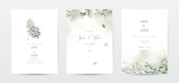 Vector illustration of Set of invitation template cards with botanical and watercolor stains