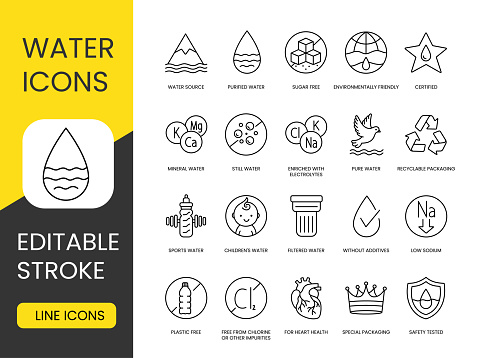Water packaging icons set with editable stroke, Ecologically clean and purified water, purified and certified, sugar free and source, pure and without gas, recyclable packaging
