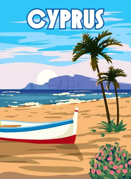 Vector illustration of Cyprus Poster Travel, Greek seascape, beach, palms, boat, poster, Mediterranean landscape. Vintage style