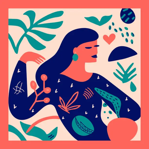 Vector illustration of Hand drawn contemporary portrait woman in relaxed pose, Fauvist style inspired. Abstract flowers and shapes collage. Vector illustration in bold colors and simple forms