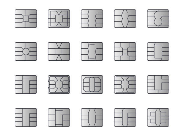 ilustraciones, imágenes clip art, dibujos animados e iconos de stock de iconos vectoriales plateados del chip emv. trazo editable. pago sin contacto en terminales y cajeros automáticos. establezca el símbolo nfc de la línea. microchips de computadora square para tarjetas de crédito y débito. ilustración de stock - tarjeta de crédito