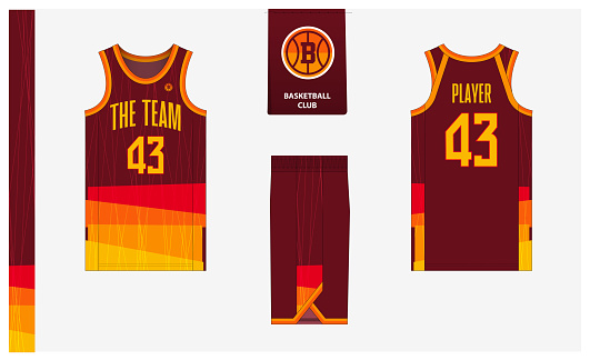 Basketball uniform mockup template design for sport club. Basketball jersey, basketball shorts in front, back view and side view.
