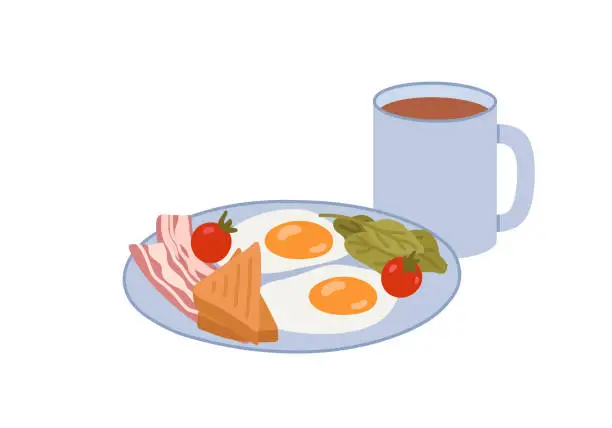 Vector illustration of Fried eggs with bacon, toast, lettuce and tomatoes. Mug of coffee or tea. Delicious meal served on a plate. Food for breakfast or brunch. Flat vector illustration on white background