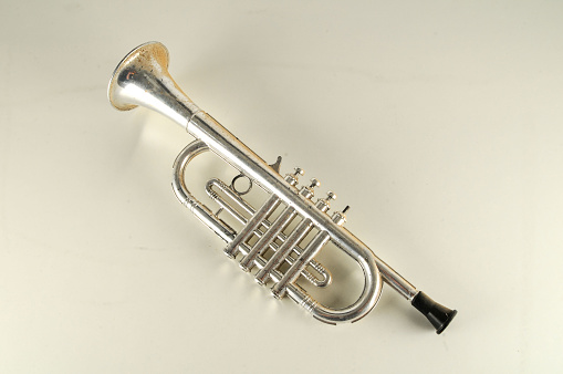 Close-up of silver trumpet Object on a White Background
