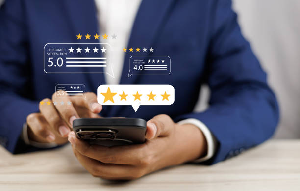 istock Online customer satisfaction Survey service concept, client rate service from experience in application,Consumer give five-Stars and feedback review for quality, Business reputation ranking from buyer 1990030673