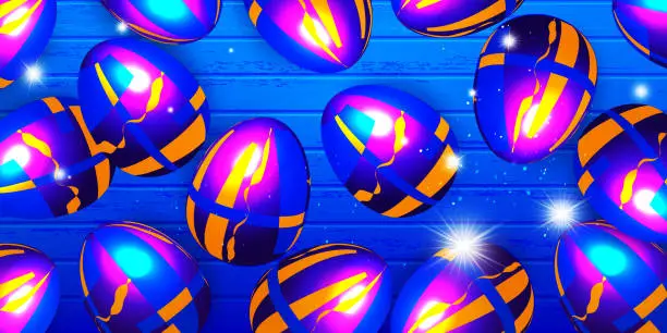 Vector illustration of Easter celebration concept in modern style. Multicolored Easter pearl eggs with futuristic ornament on an abstract wooden background. Easter spring banner for holiday decoration.