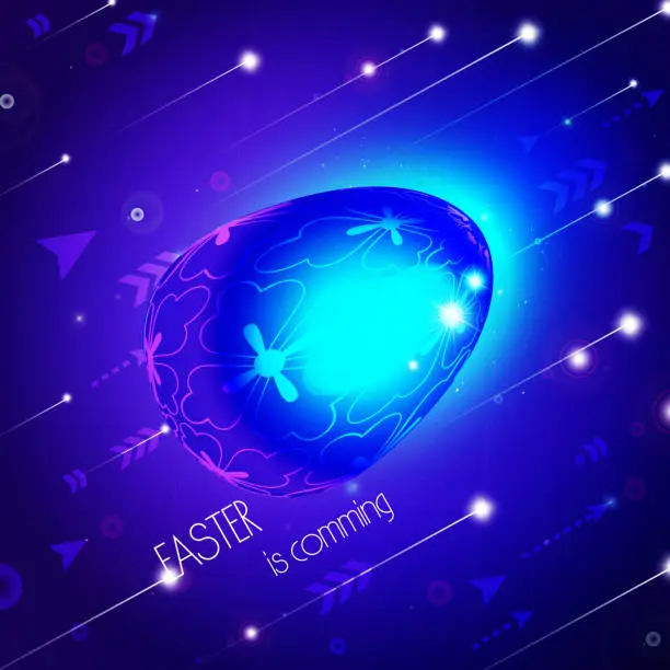Vector illustration of Easter is coming in modern style. Easter neon egg with futuristic ornament on abstract colored shimmering background. Easter spring banner for holiday decoration.