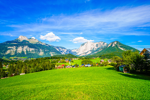 View of the landscape and mountains near Bad Aussee. Spa town in Styria in Austria. Idyllic nature with mountain views.
