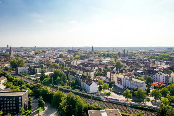 View of the city of Bochum with the surrounding landscape in the Ruhr area.
