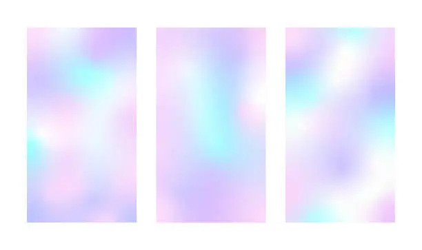 Vector illustration of Y2k holographic gradient backgrounds. Modern pearlescent vector illustration. Soft blur card. Iridescent aura poster. Pastel minimalist backdrop for social media, business card or website design