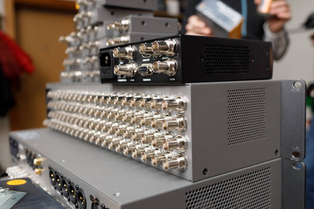 Commutation panel of telecommunication video switcher broadcast for TV channel translation rear view