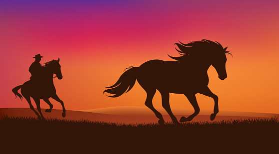 cowboy rider chasing mustang horse in the prairie - romantic wild west sunset landscape scene vector silhouette design