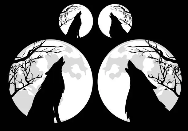Vector illustration of howling wolf and full moon with tree branches black and white vector silhouette set