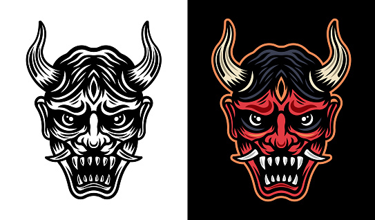 Oni mask with horns vector illustration in two styles monochrome on white and colorful on dark background
