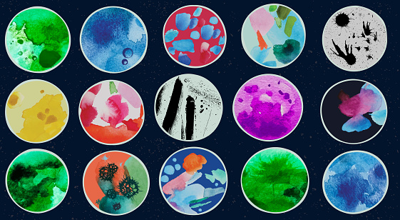 Vector montage of hand made elements like watercolors on paper, brush strokes, color drops and textures depicting microbiology abstract concept.
