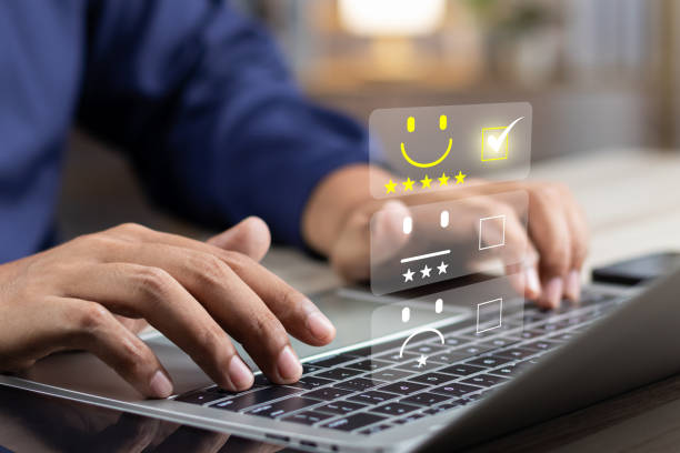 istock Online customer satisfaction Survey service concept, client rate service from experience in application,Consumer give five-Stars and feedback review for quality, Business reputation ranking from buyer 1990080710