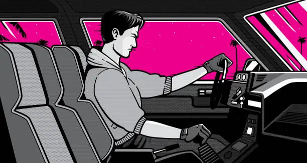 Vector illustration of Man in the car Pop Art