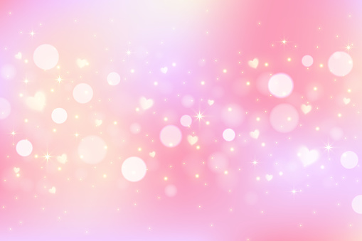 Pink lovely background with hearts and glitter. Pastel vector gradient for Valentine Day. Romantic blurred sky