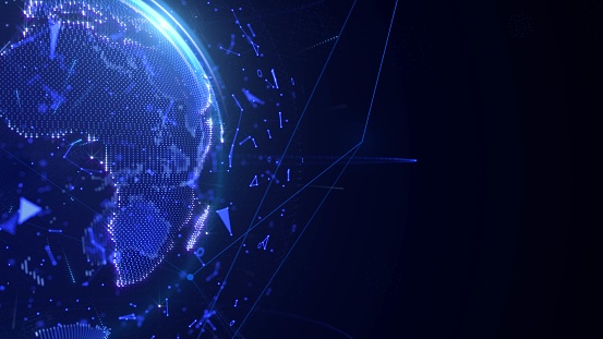 Abstract Digital 3D Rendering Blue Earth Spinning Concept with Connection Data Stream Line Network Simulation Illustration Background. Futuristic Scientific Global Communication Infographic.