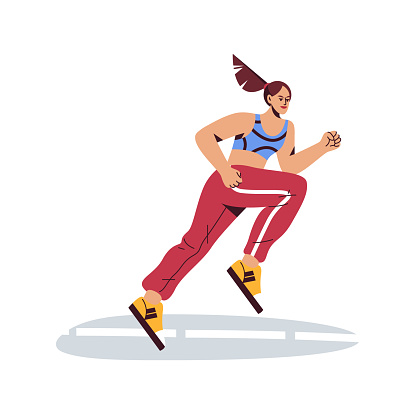 Scamper woman vector illustration. Isolated female runner or sprinter. Girl at running workout or doing jogging exercise. Sport jog or run activity, marathon sport. Sportswoman at sprint.