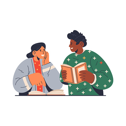 Man and woman read book together or discuss books. Vector flat cartoon couple at reading. Family at library or lib. Literature club or education group sign. Male and female reader activity. Bookstore