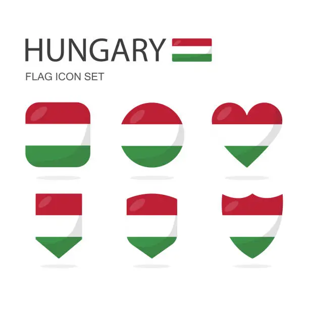 Vector illustration of Hungary 3d flag icons of 6 shapes all isolated on white background.