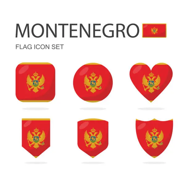 Vector illustration of Montenegro 3d flag icons of 6 shapes all isolated on white background.