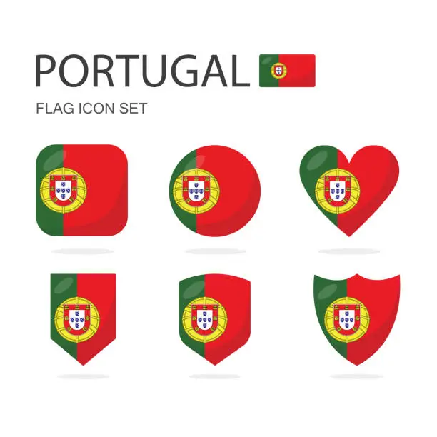 Vector illustration of Portugal 3d flag icons of 6 shapes all isolated on white background.