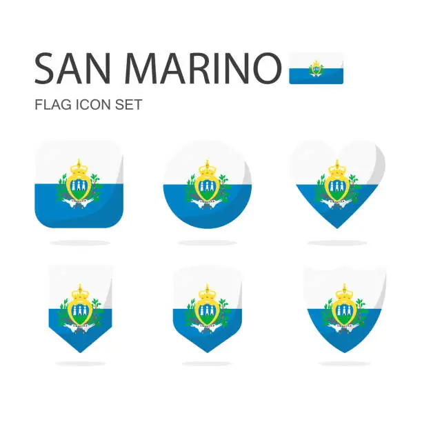 Vector illustration of San Marino 3d flag icons of 6 shapes all isolated on white background.