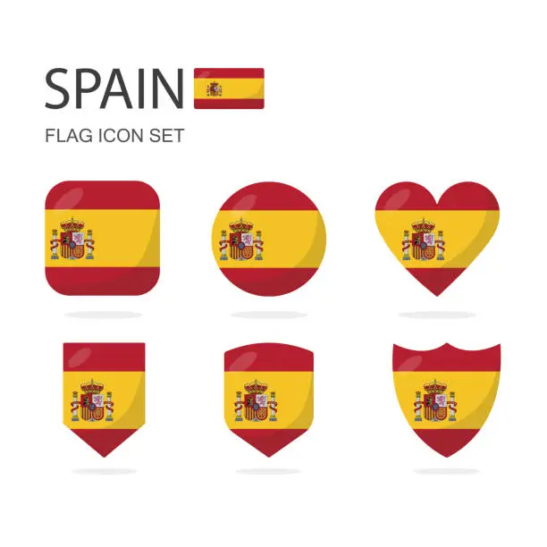 Vector illustration of Spain 3d flag icons of 6 shapes all isolated on white background.