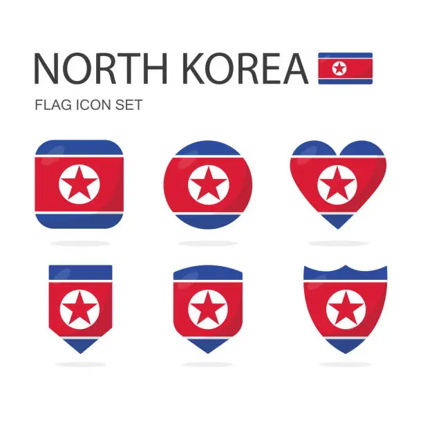 Vector illustration of North Korea 3d flag icons of 6 shapes all isolated on white background.