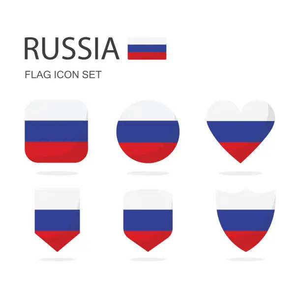 Vector illustration of Russia 3d flag icons of 6 shapes all isolated on white background.