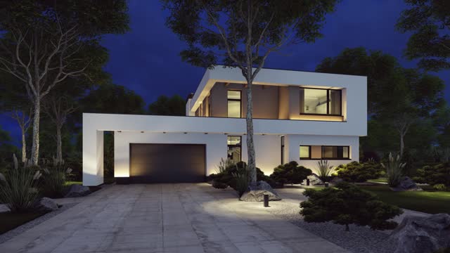4K video of modern house with garage light on after sunset