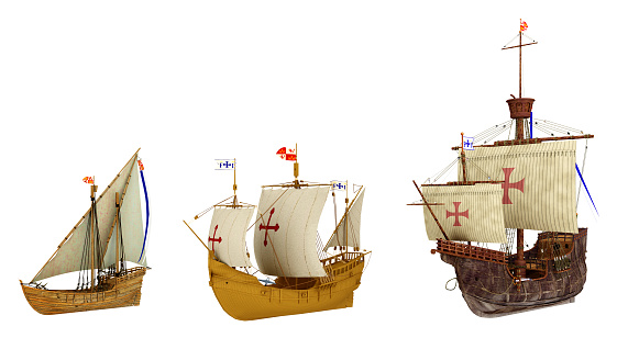 Computer generated 3D illustration with the ships Santa Maria, Nina and Pinta of Christopher Columbus isolated on white background