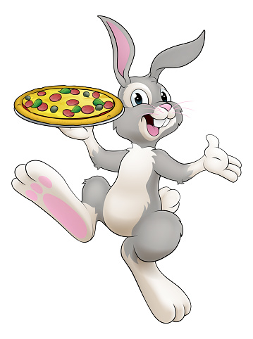 An Easter bunny rabbit cartoon character serving or delivering pizza from a food restaurant, possibly the chef