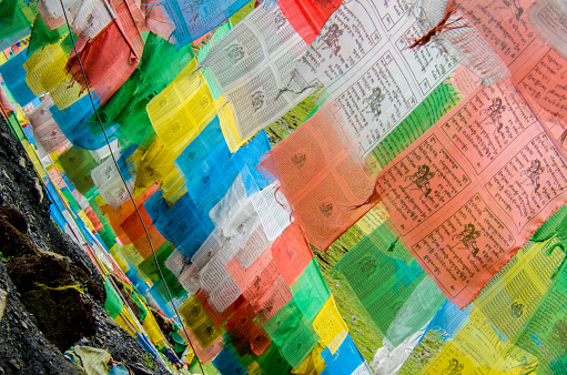 Colorful prayer flags on the way to Everest Base Camp, Nepal