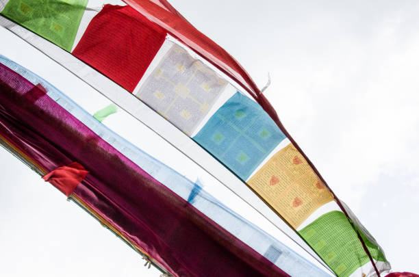 These colourful Tibetan Buddhist flags are a part of tradition to spread prayers and blessings throughout the environment. The five colors of the flags – blue, white, red, green, and yellow – respectively represent the five elements: sky, air, fire, water, and earth. Himachal Pradesh, a state in the Western Himalayas of northern India, characterised by extreme landscapes of mountain peaks and extensive river systems.