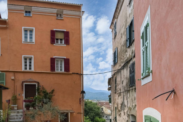 Corte Citadel Old Townscape under sunny summer sky. The Citadel from 15th Century on top of the hill in downtown Corte. The City of Corte Corte was the capital of the Corsican independent state during the period of Pasquale Paoli. Corte, Haute-Corse, Corsica Island, France, Southern Europe