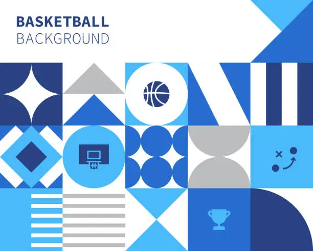 Vector illustration of Basketball Concept Bauhaus Style Background Design with Simple Solid Icons. This design is suitable for use on websites, in presentations, reports, magazines, and brochures.