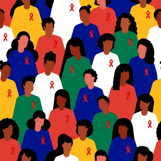 Vector illustration of South Africa. World AIDS Day. AIDS Healthcare Foundation. People in the colors of the South African flag. People with red ribbon. Flag of South Africa. Dark-skinned people. African American men and women seamless background. Pattern of  different people.