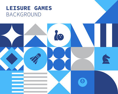 Leisure Games Concept Bauhaus Style Background Design with Simple Solid Icons. This design is suitable for use on websites, in presentations, reports, magazines, and brochures.