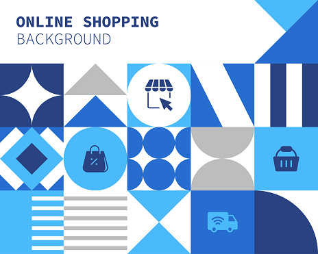 Online Shopping Concept Bauhaus Style Background Design with Simple Solid Icons. This design is suitable for use on websites, in presentations, reports, magazines, and brochures.