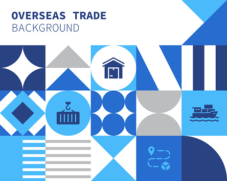 Overseas Trade Concept Bauhaus Style Background Design with Simple Solid Icons. This design is suitable for use on websites, in presentations, reports, magazines, and brochures.
